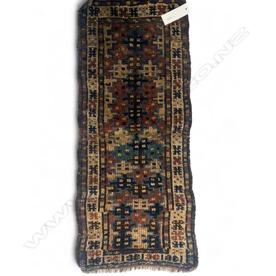 Bag face - wool - pile,- coarsely woven blue/green white border - woven tassels. 37 x 82.5cm